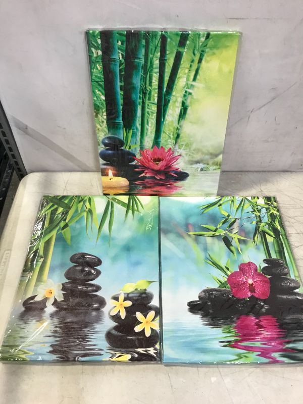 Photo 2 of Canvas Painting Wall Art Decor SPA Stone Green Bamboo Pink Waterlily and Frangipani Pictures - 3 Panels Modern Zen Canvas Painting Prints Giclee Art for Home Office and Kitchen Framed Ready to Hang
