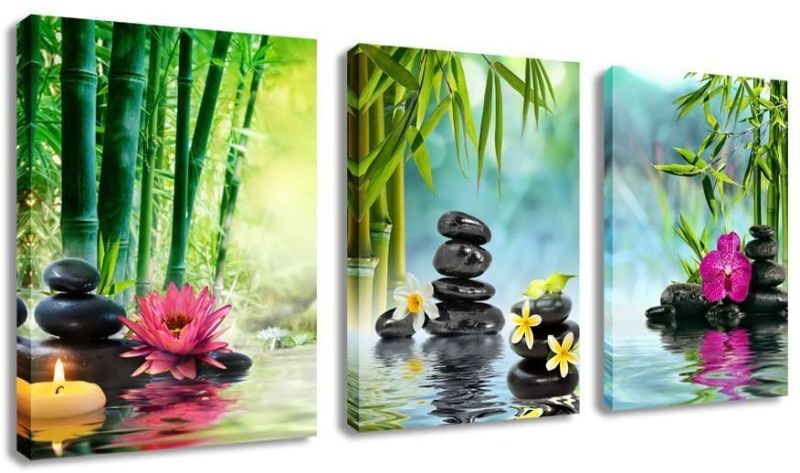 Photo 1 of Canvas Painting Wall Art Decor SPA Stone Green Bamboo Pink Waterlily and Frangipani Pictures - 3 Panels Modern Zen Canvas Painting Prints Giclee Art for Home Office and Kitchen Framed Ready to Hang
