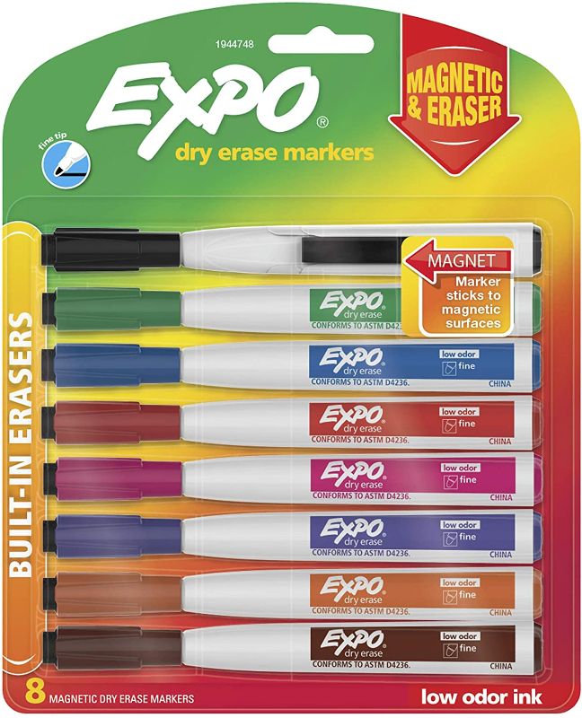 Photo 1 of EXPO 1944748 Magnetic Dry Erase Markers with Eraser, Fine Tip, Assorted Colors, 8-Count