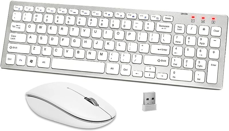Photo 1 of Wireless Keyboard and Mouse Combo, Ergonomic Portable Slim Keyboard Sleek 2.4 GHz USB Receiver Full Size Keyboard Mouse Set for PC Desktop Computer Tablet Smart TV Mac -White Silver
