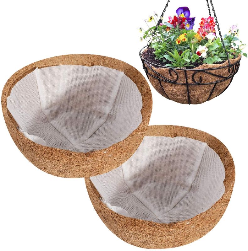 Photo 1 of ANGTUO 2Pcs 10 Inch Round Coco Liners with 2Pcs Non-Woven Fabric Lining, Replacement Coconut Coir Fiber Lining for Hanging Basket, Nonwoven Cloth Lining for Reduce Leakage of Soil and Water
