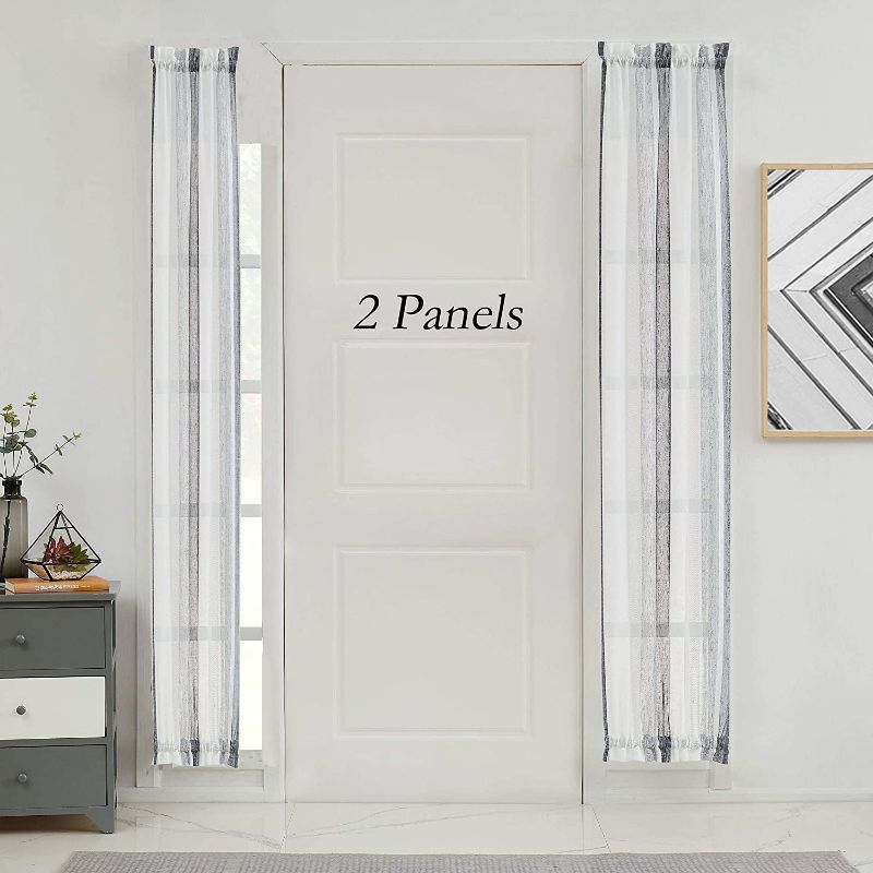 Photo 1 of Central Park White French Door Curtain Black Stripe Sheer Window Panels Boucle Linen Window Drapes Rod Pocket Yarn Dyed Woven Curtain for Living Room Rod Pocket (25" Wx72 Lx 2), 2 Panels
