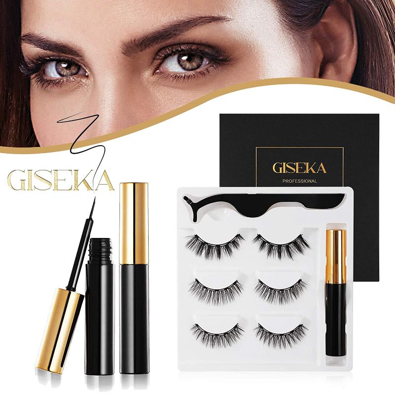 Photo 1 of Giseka Magnetic Eyelashes with Eyeliner kit, 3D 5D Fluffy Wispy Lashes Set with Eyeliner and Tweezer, 3 Pairs Pack Reusable Fake Eyelash with Liquid Eye Liner for Natural Dramatic Look -No Glue Needed
