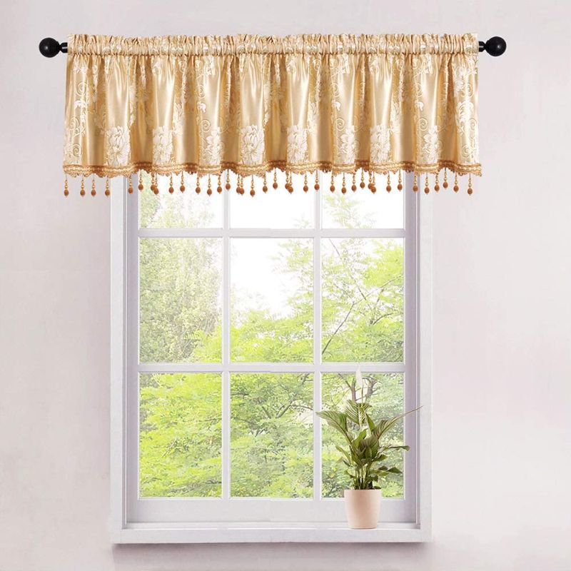 Photo 1 of ELKCA Gold Jacquard Floral Window Curtain Valance with Beads, 52x18 inches, Pack of 2 Panels, Rod Pocket Curtain Tier for Kitchen (Floral-Golden, 52" W x 18" L)
