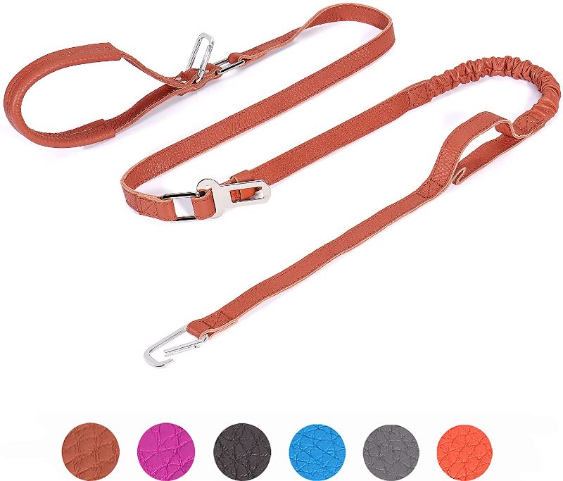 Photo 1 of Compuda 6 Foot Leather Dog Leash Shock Absoring Heavy Duty Leashes with Seat Belt Buckle for Small Medium Large Dogs Training Hiking Walking (Brown)
