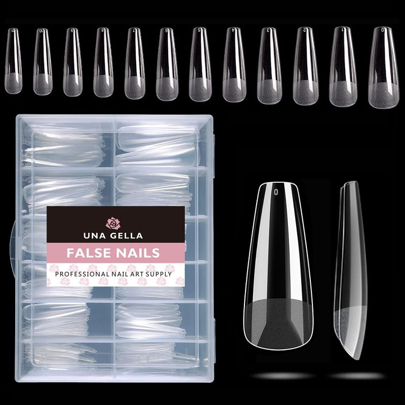 Photo 1 of 2 pk UNA GELLA Coffin Fake Nails 200 PCS Long Press On Nails Clear Acrylic Nail Tip XL Coffin Shape Ballerina Full Cover Nails Tip False Artificial Tip with Box For DIY and Salon Use 12 Sizes
