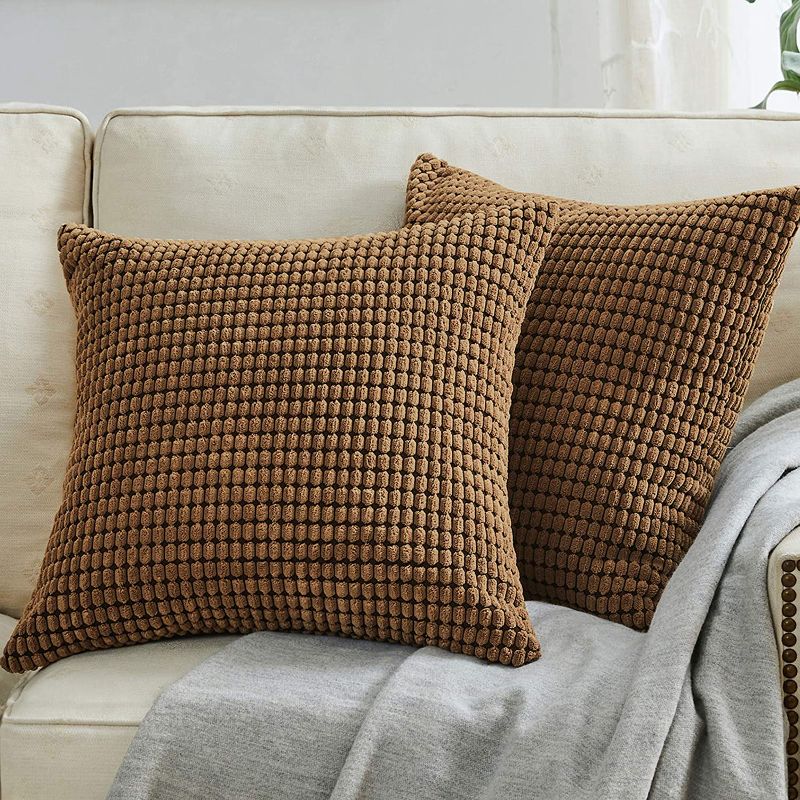 Photo 1 of 2 PK BeBen Throw Pillow Covers - Set of 2 Pillow Covers 18x18, Decorative Euro Pillow Covers Corn Striped, Soft Corduroy Cushion Case, Home Decor for Couch, Bed, Sofa, Bedroom, Car (Brown, 18X18) 4 PILLOWS TOTAL 