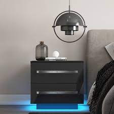 Photo 3 of WOODYHOME Modern High Gloss LED Nightstand, 2 Drawers Bedside End Table w/20 LED Light Mode, Home Bedroom Decor
