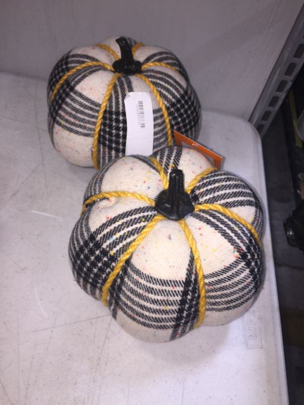 Photo 2 of 2 PACK Halloween 5.5" Harvest Black Tweed/Plaid Speckle Fabric Wrapped Pumpkin - Hyde & EEK! Boutique