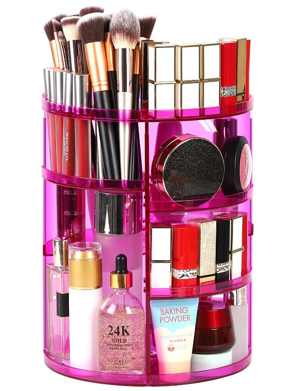Photo 1 of Syntus 360 Rotating Makeup Organizer, DIY Adjustable Bathroom Makeup Carousel Spinning Holder Rack, Large Capacity Cosmetics Storage Box Vanity Shelf Countertop, Fits Makeup Brushes, Lipsticks, Purple
