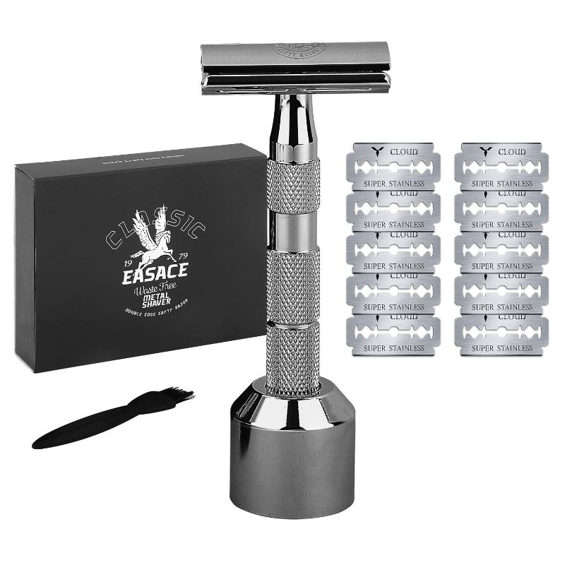 Photo 1 of EASACE Long Handle Double Edge Safety Razor Razors for Men Women Classic Wet Shaving Kit+1 Stand+1 Shaver Cleaning Brush+10 Stainless Steel Double Edge Safety Razor Blades+1 Delicate Box?Black?
