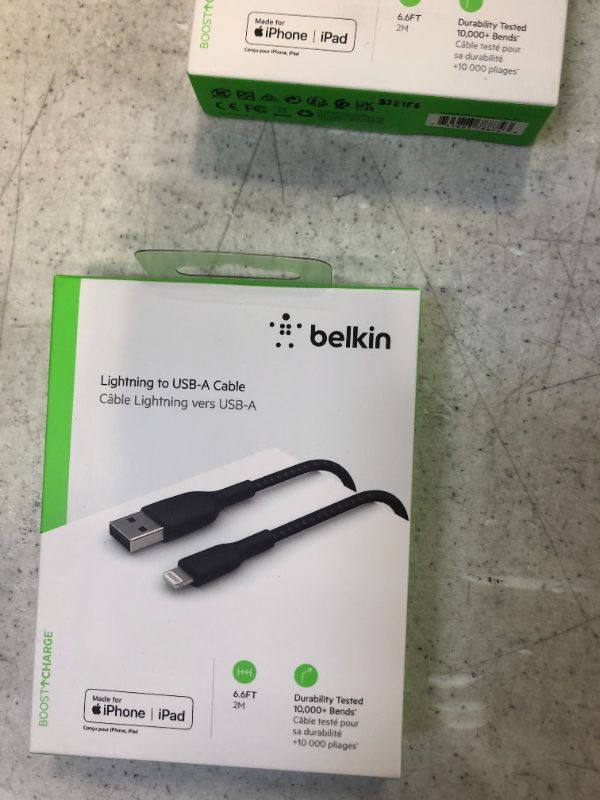 Photo 2 of Belkin Braided Lightning Cable (Boost Charge Lightning to USB Cable for iPhone, iPad, AirPods) MFi-Certified iPhone Charging Cable, Braided Lightning Cable, 6.5ft/2m, Black (CAA002bt2MBK)


