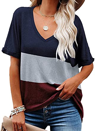 Photo 1 of Womens Tops Loose Fit Color Block V Neck Short Sleeve T Shirts Summer Fashion Tee Tunic Tops
