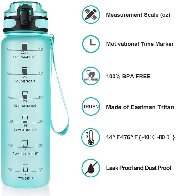 Photo 1 of 32oz Sports Water Bottle with Motivational Time Marker to Drink, Reusable BPA Free Tritan with Filter for Gym and Outdoor