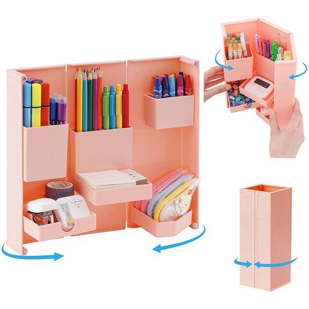 Photo 1 of Foldable Pencil Organizer, Cute Magnetic Opening and Closing Art Supply Organizer with Pencil Holder, Standable Multi-grid Pen Organizer Storage for Home Office School Supplies (PINK)

