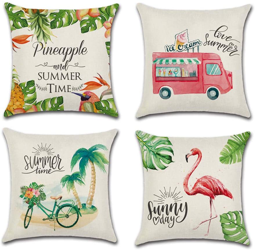Photo 1 of Anviky 4Pack Summer Decorative Throw Pillow Cover 18x18 Inches Summer Decorations Ice Cream Truck Bike Flamingo Flower Farmhouse Pillowcase Cotton Linen Cushion Case for Car Sofa Bed Couch
