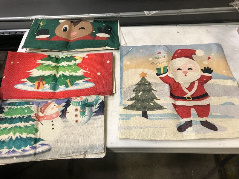 Photo 2 of BININBOX Christmas Pillow Covers Set of 4 Holiday Throw Pillow Covers 18x18 Inches Linen Christmas Tree Snowman Reindeer Santa Decorative Christmas Pillowcase