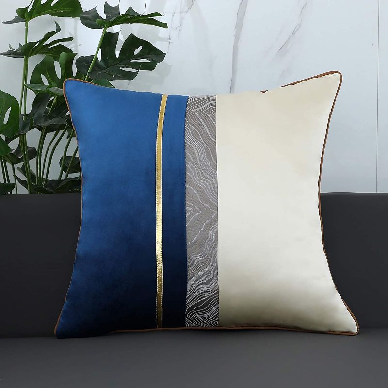 Photo 1 of QOPOYU Velvet Pillow Cover Decorative Pillow Super Soft Square Pillowcase Gold Leather Striped Patchwork Luxury Modern Cushion Case for Sofa Couch Bedroom Car Living Room 20"x20" Inch Blue