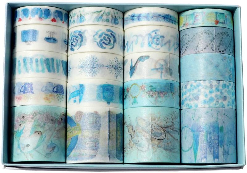 Photo 1 of 20 Rolls Sky Blue Masking Washi Tape - Feather Mailbox Bus Summer Floral Flower Washi Masking Tape Set for Bullet Journaling Planner Scrapbooking Albums DIY Decor