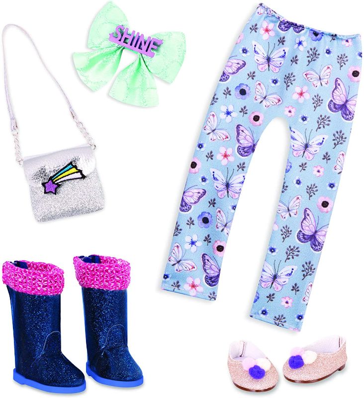 Photo 2 of Glitter Girls Dolls by Battat – 14-inch Doll Clothes and Accessories – Butterfly Leggings, Glitter Shoes, Boots, Hair Bow, and Purse Fashion Pack – Pompoms & Stars – Toys for Kids Ages 3 and Up (Blue