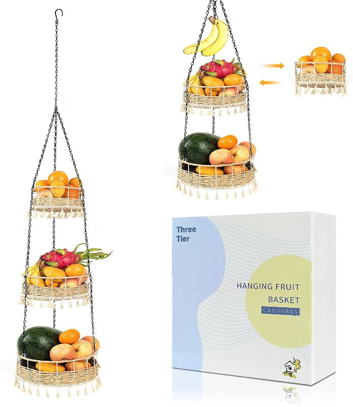 Photo 1 of CUGUORDS 3-Tier Macrame Hanging Fruit Basket-Wicker Vegetable Storage