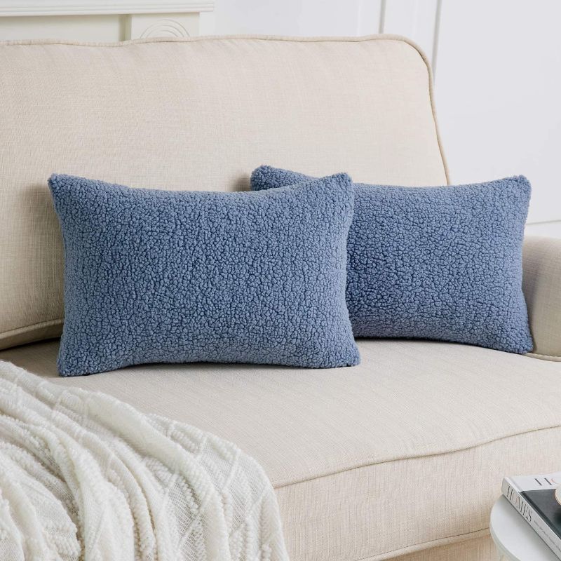 Photo 1 of Anickal Set of 2 Grey Blue Lumbar Decorative-Fur Pillow Covers 12x20 Inch 