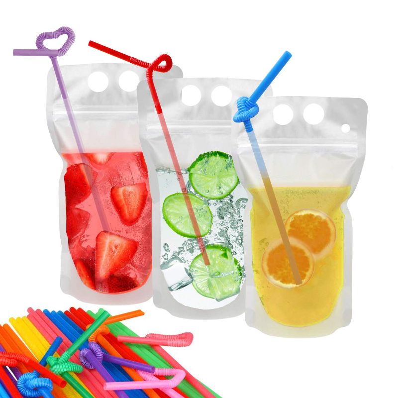 Photo 1 of 100 Pcs Drink Pouches with 100 Straws, YouCoulee Freezable Juice Pouches Zipper Drink Bags for Adults and Kids, Heavy Duty Hand-Held Translucent Reclosable Heat-Proof Bag 2.5 Bottom Gusset
