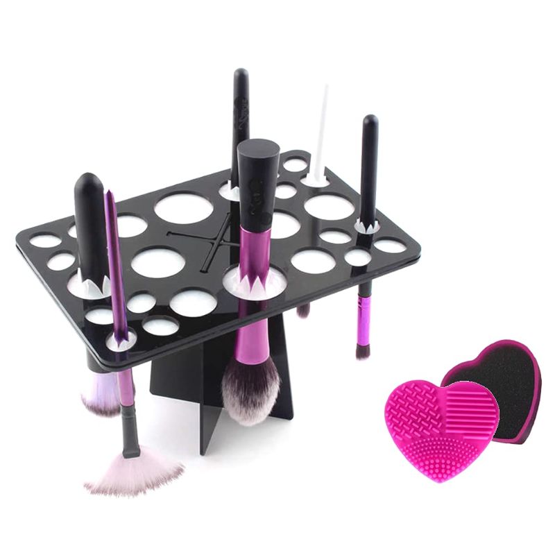 Photo 1 of 26 Holes Makeup Brush Drying Rack & Color Removal Sponge and Silicone Brush Cleaning Mat,Quick Dry Cleaning & Wet Washing 2 in 1 Makeup Brush Cleaning Pad(Rose Red)