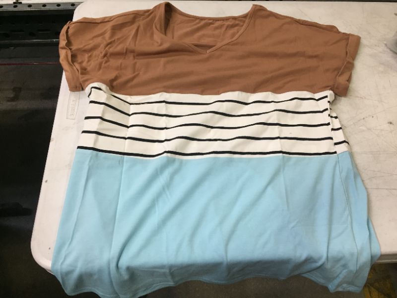 Photo 1 of Esobo Womens Short Sleeve Color Block T Shirts Sexy V Neck Tshirts Casual Loose Striped Tops M