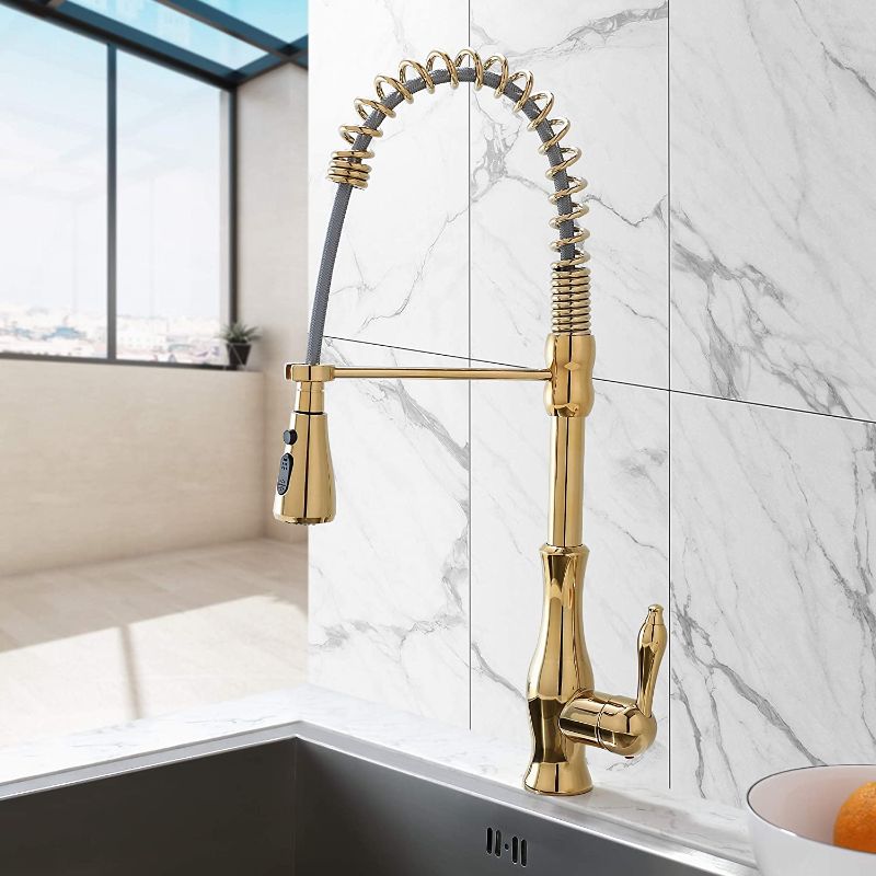 Photo 1 of  Modern Gold Kitchen Faucet with Pull Down Sprayer, High Arc Single Handle Swiveling Kitchen Sink Faucet Lead-Free Solid Brass Kitchen Faucet (Gold)
