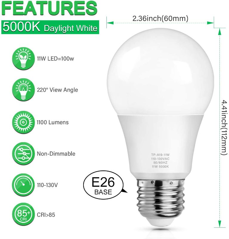 Photo 1 of A19 LED Light Bulbs, 100 Watt Equivalent LED Bulbs, 5000K Daylight White, 1100 Lumens, Standard E26 Medium Screw Base, CRI 85+, 25000+ Hours Lifespan, No Flicker, Non-Dimmable, COOL WHITE