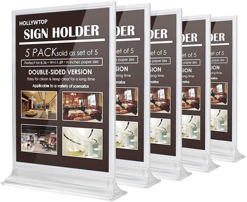Photo 1 of 2 PACKS OF 5 (10 TOTAL) . HOLLYWTOP Double Sided Sign Holder A4 (297×210MM/8.26"×11.69") Clear Durable Plastic Display Stand, Ad Menu Photo Frame Table Tent Great for Hospital, Hotel, School, Restaurant, Bar 
