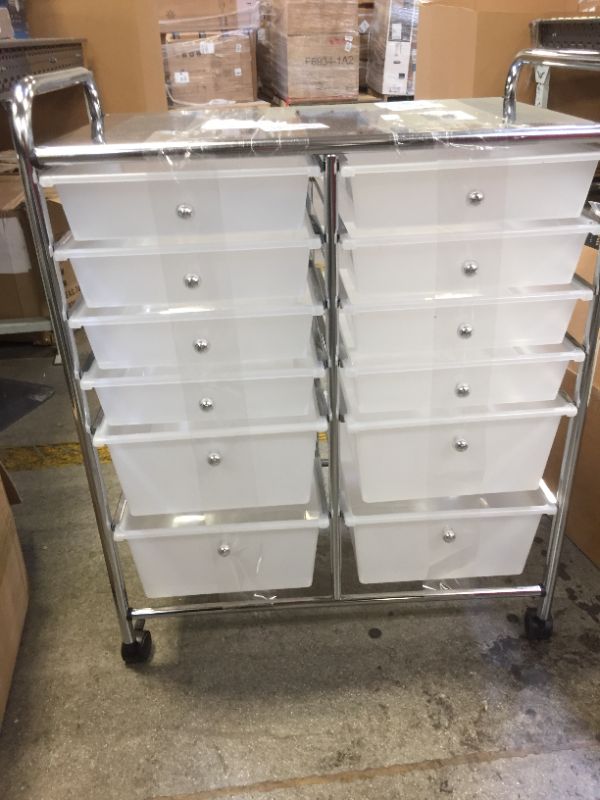 Photo 1 of 12 PLASTIC BIN STORAGE CART, SCUFFS SCRACTHES, SOME PLASTIC BINS CHIPPED 