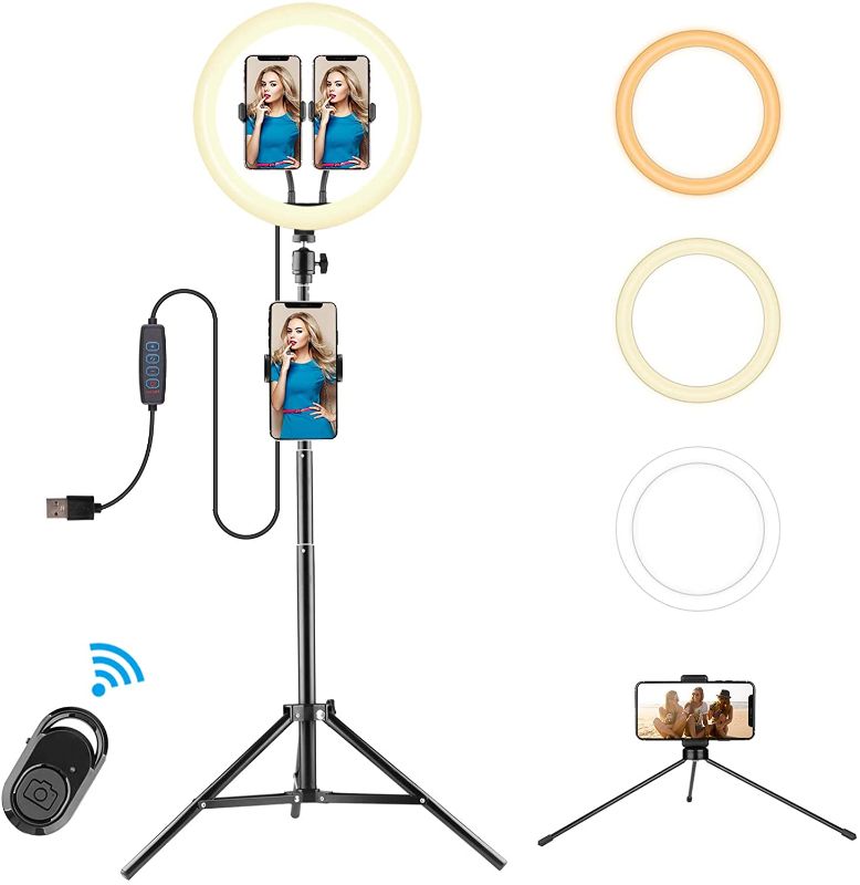 Photo 1 of 2 PACK 12" Ring Light with Stand - 3 Colors Dimming LED Ring Lights with 3 Extendable Phone Holder for Photography Compatible,Makeup, YouTube, Live Stream, Video Conference Lighting (Black)
