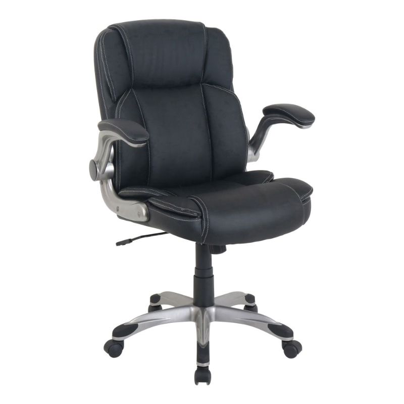 Photo 1 of Lorell SOHO Flip Armrest Bonded Leather Mid-Back Chair, Black/Silver
