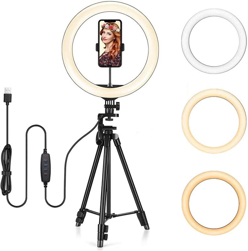 Photo 1 of 10" Selfie Ring Light with Tripod Stand and Cell Phone Holder for Makeup/YouTube/Tiktok, 10 Levels Brightness & 3 Modes 144 LED Bulbs Chip Ring Light with Remote Control, Compatible for iPhone/Android
