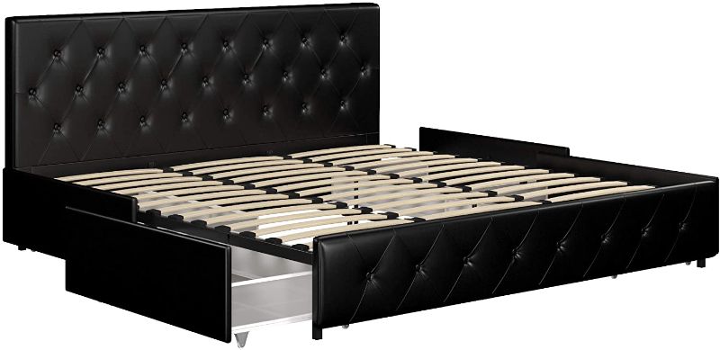 Photo 1 of DHP Dakota Upholstered Faux Leather Platform Bed with Storage Drawers - King Size (Black) -  BOX 2OF2  - MISSING BACK BOARD AND BASE 
