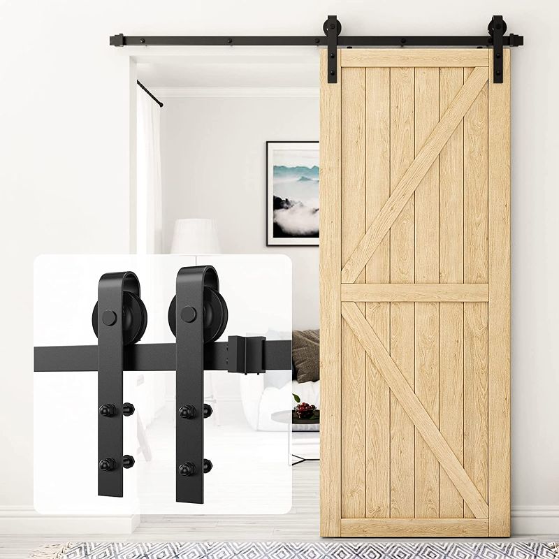 Photo 1 of homlux 6ft Heavy Duty Sturdy Sliding Barn Door Hardware Kit Single Door - Smoothly and Quietly - Simple and Easy to Install - Fit 1 3/8-1 3/4" Thickness Door Panel(Black)(J Shape Hangers)
