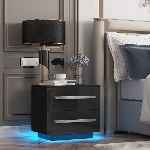 Photo 1 of WOODYHOME High Gloss Nightstand WIthin LED Lights, 2-Drawer Bedside Table Home Furniture - Black White Finish
