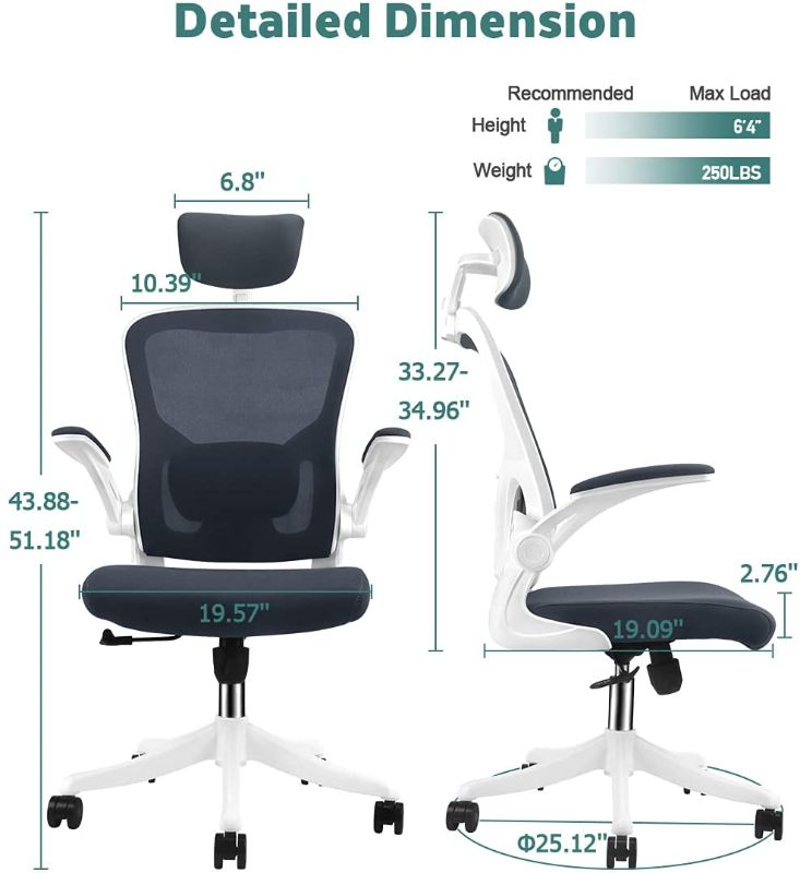 Photo 1 of VANSPACE Ergonomic Office Chair High Back Mesh Chair with Lumbar Support and Flip-up Armrest, Swivel Computer Task Chair Home Office Desk Chair with Tilt Function and Adjustable Headrest, DC06 White
