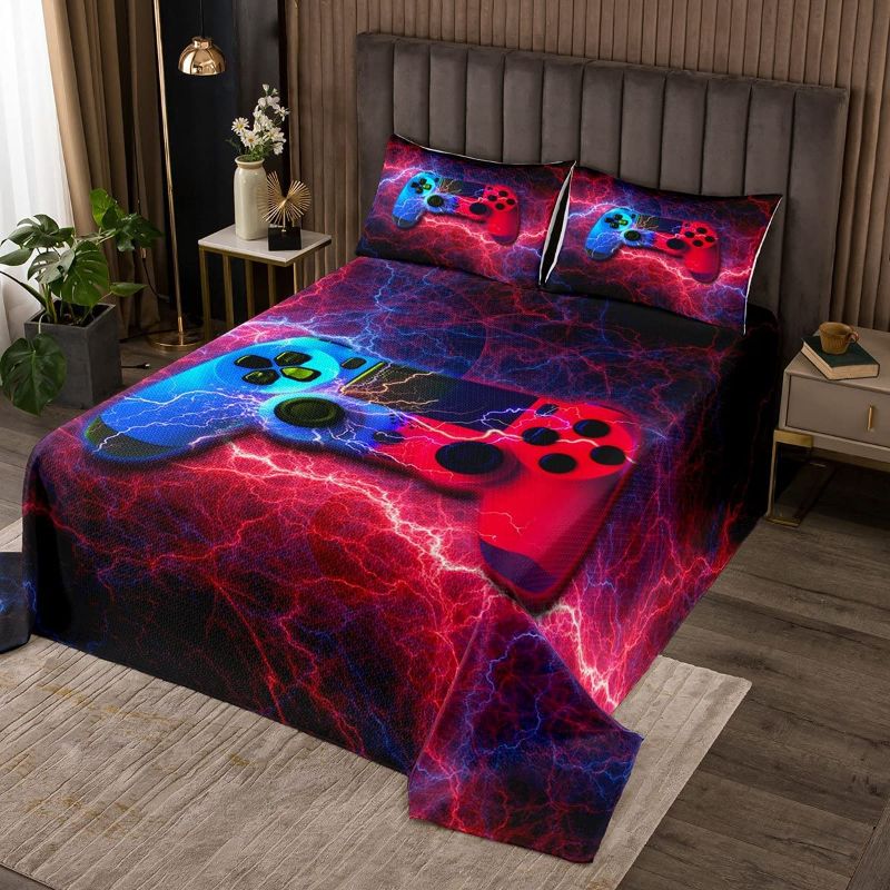 Photo 1 of Erosebridal Gamer Bedding for Boys, Lightning Bedspread Retro Video Games Coverlet Set Twin Size, Red Blue Gamepad Gaming Quilted Coverlet, Boy's Coverlet Trippy Bedding Set
