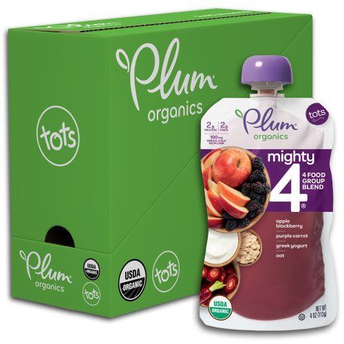 Photo 1 of 2 cases Plum Organics Mighty 4, Organic Toddler Food, Apple, Blackberry, Purple Carrot, Greek Yogurt & Oat, 4oz Pouch (Pack of 6)

