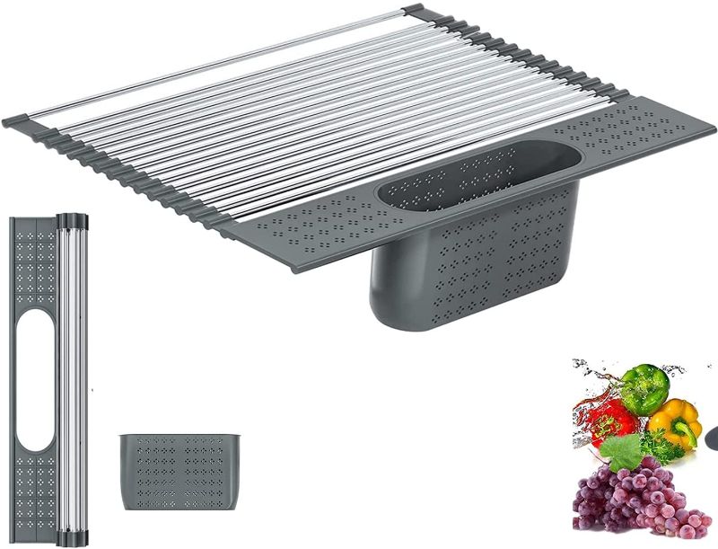 Photo 1 of 20.5" x 11.8" Large Roll Up Dish Drying Rack for Kitchen, 2 in 1 Design Over The Sink Multi-Function Roll-up Dish Rack and Utensil Plates Holders for Dishes, Vegetable and Fruit-Dark Gray

