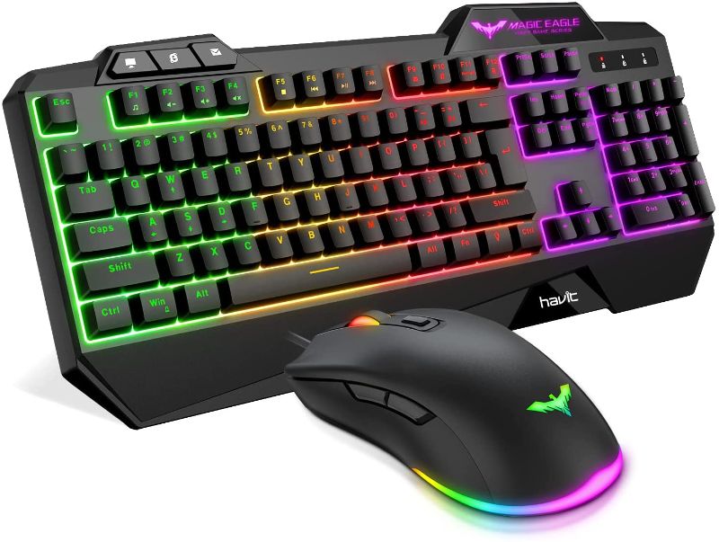 Photo 1 of havit Wired Gaming Keyboard Mouse Combo LED Rainbow Backlit Gaming Keyboard RGB Gaming Mouse Ergonomic Wrist Rest 104 Keys Keyboard Mouse 4800 DPI for Windows & Mac PC Gamers (Black)
