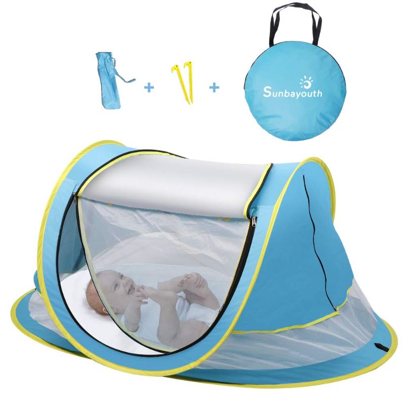 Photo 1 of SUNBA YOUTH Baby Tent, Portable Baby Travel Bed, UPF 50+ Sun Shelters for Infant, Pop Up Beach Tent, Baby Travel Crib with Mosquito Net, Sun Shade (Blue)
