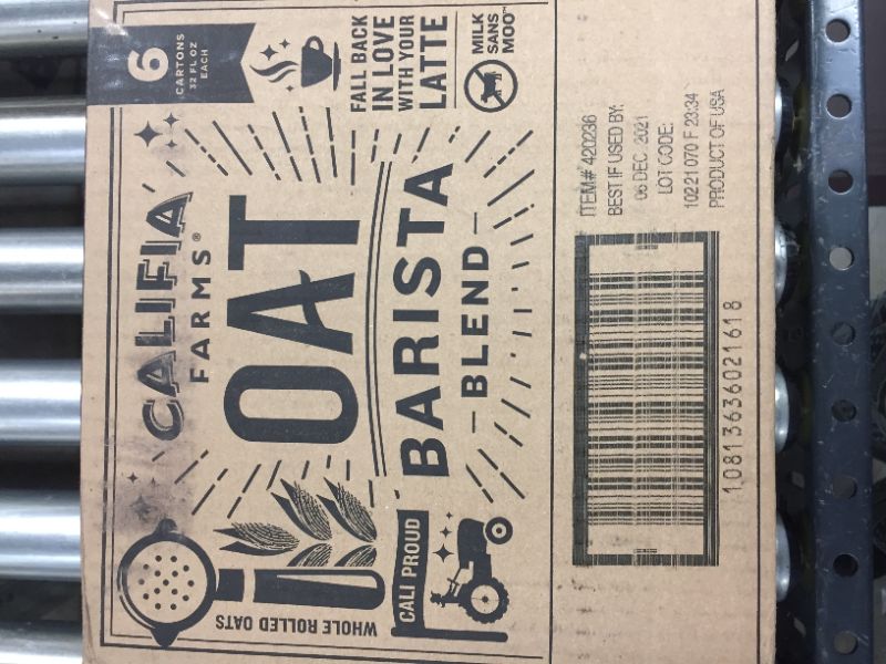 Photo 1 of     CASE OF 6 Califia Farms Oat Barista Blend Oat Milk, Dairy Free Milk, 32 oz
best by december  6 2021
