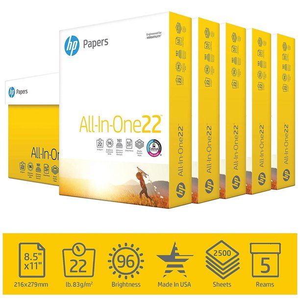 Photo 1 of HP Printer Paper, All In One22, 8.5 x 11 Paper, 22lb, 96 Bright - 5 Ream / 2,500 Sheets (207000C) 5 PK 