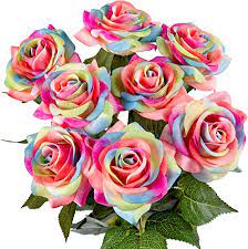 Photo 1 of CIEOVO 8 PCS RAINBOW ARTIFICAL ROSE FLOWER REAL TOUCH