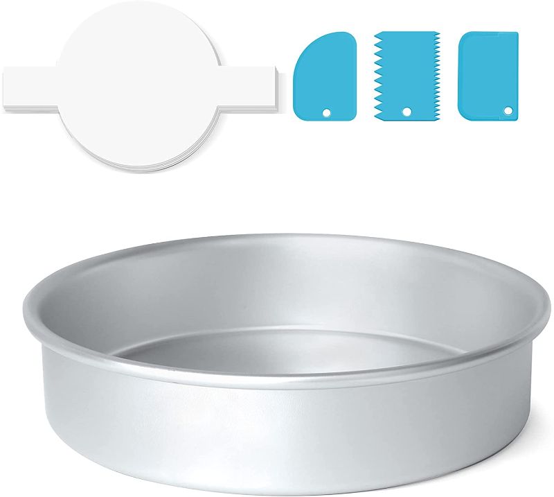Photo 1 of 2 PACK - Kellowi Anodized Aluminum cake pans, cake pan set with 40 Pieces Parchment Paper and 3 Pieces scraper, cake pans 8 inch round use for wedding, birthday, bakery?Fit Oven Pot Air Fryer, 8x2 Inch?Silver
