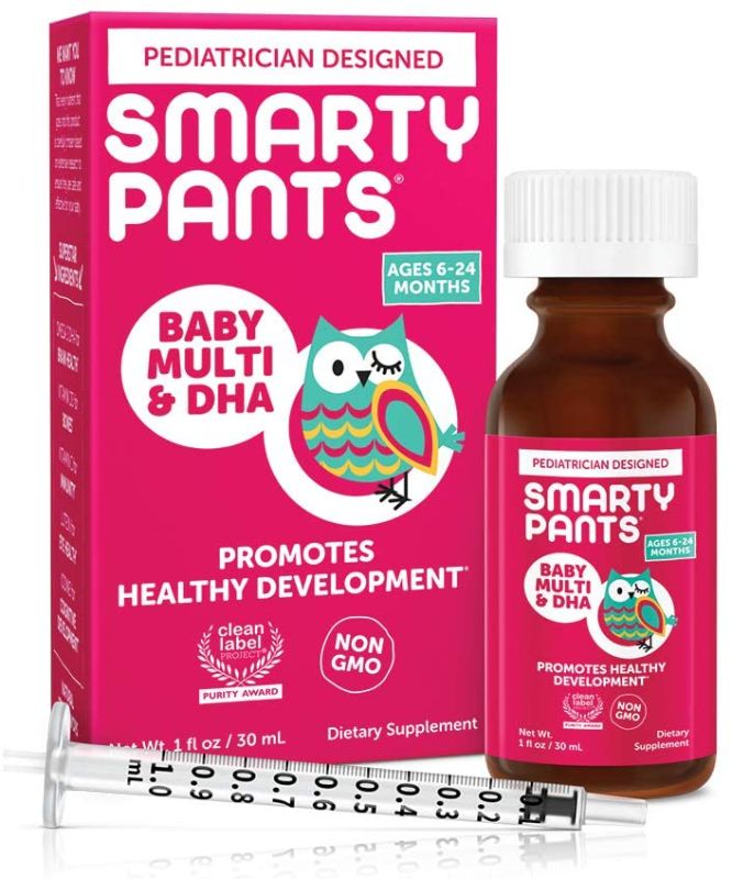 Photo 1 of 2 PACK - SmartyPants Baby Multi & DHA Liquid Multivitamin: Vitamin C, D3, E, Gluten Free, Choline, Lutein, for Infants 6-24 Months, Immune Support, Includes Syringe, Natural Fruit Flavor (30 Day Supply) exp DEC16/2021